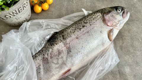 Mit einer Plastikfolie kannst du diese Forelle ganz einfach entschuppen, ohne dass die Küche schmutzig wird.