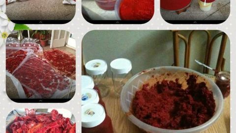 Selbstgemachte Chilipaste wird in verschiedenen Schalen und einem großen Behälter zubereitet, um lecker zu duften.