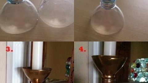 Ein transparenter PET-Flaschen-Kerzenständer wird schrittweise erstellt, indem Teile zusammengefügt und verziert werden.