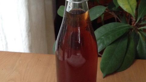 Eine Glasflasche mit Himbeeressig steht auf einem Holztisch, umgeben von grünen Pflanzen im Hintergrund.