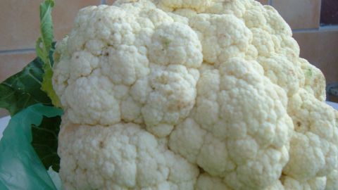 Gebackener Blumenkohl liegt frisch auf einem grünen Blatt und zeigt seine üppigen, weißen Röschen in natürlichem Licht.