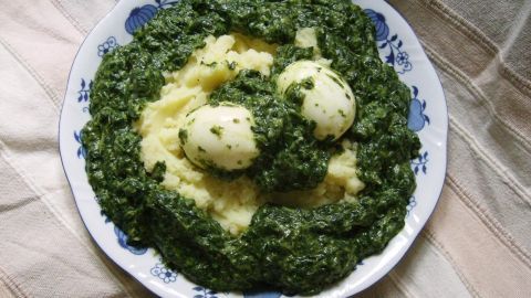 Zwei Eier liegen auf cremigem Kartoffelpüree, überzogen mit frischem Spinat. Der Anblick ist appetitlich und sättigend.