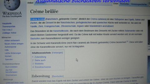 Ein Computerbildschirm zeigt eine Wikipedia-Seite über "Cremé brülée". Benutzer sucht Informationen zu Passwörtern.