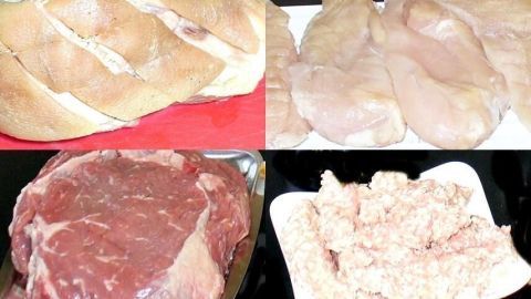 Hühnchen- und Rindfleischstücke liegen auf Tellern; verschiedene Fleischsorten verdeutlichen Unterschiede in der Fleischauswahl.