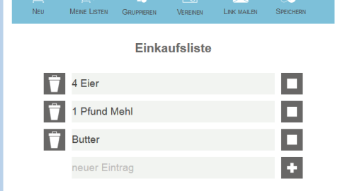 Eine Einkaufsliste zeigt eine digitale Übersicht von Zutaten wie Eiern, Mehl und Butter, ideal für Online Rezepte.
