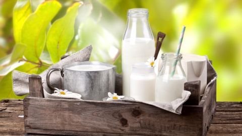 Glasflaschen mit Milch stehen in einer Holzkiste auf einem Holztisch, umgeben von grünen Blättern im Hintergrund.