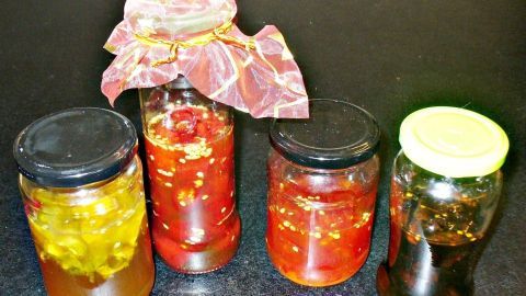 Vier Gläser mit scharfem Chili-Honig stehen zusammen auf einer dunklen Oberfläche, bereit zur Verwendung in asiatischen Gerichten.