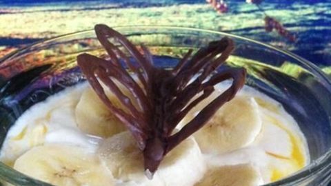 Eine Schüssel mit Joghurt und Bananenscheiben, dekoriert mit einem Schoko-Schmetterling, vor einem bunten Hintergrund.