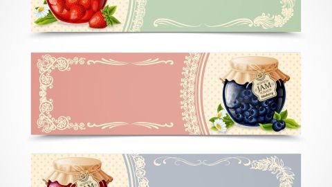 Dekorative Etiketten zeigen Marmeladengläser auf buntem Hintergrund, bereit zum Download für individuelle Gestaltung.