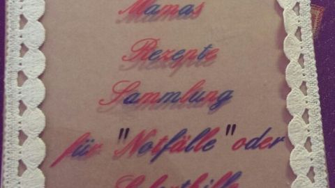Ein handgemachtes Kochbuch liegt offen auf einem Tisch. Es zeigt eine dekorative Sammelmappe für Rezepte oder Tipps.