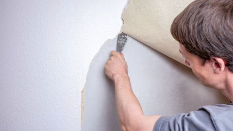 Eine Person entfernt aufmerksam eine Tapete von der Wand, um mühelos ihr Zuhause zu renovieren.