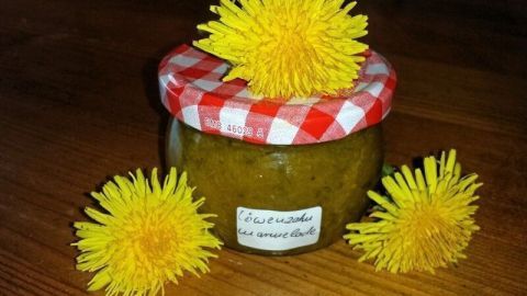 Ein Glas Löwenzahn Marmelade steht auf einem Holztisch, dekoriert mit gelben Löwenzahnblüten.