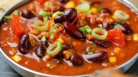Ein silberner Topf mit Chili sin carne kocht auf einem Tisch, umgeben von frischen Zutaten wie roten Chilischoten und Knoblauch.