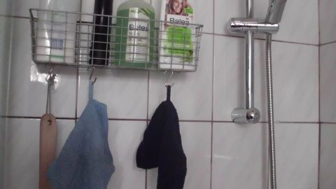 Eine Rückenbürste und Waschlappen hängen in einer Duschkabine, umgeben von Pflegeprodukten in einem Regal.
