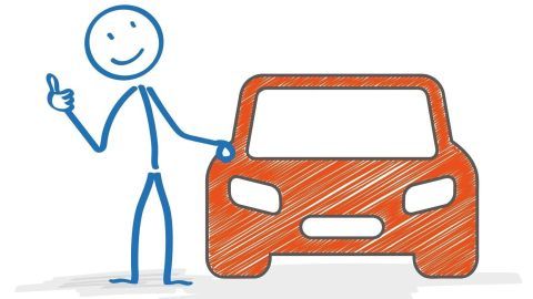Ein fröhlicher Strichmännchen steht neben einem roten Auto und zeigt Daumen hoch, symbolisiert Funkmietwagen statt Taxi.
