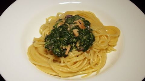 Eine Portion Spaghetti, umgeben von einer cremigen Spinat-Räucherlachs-Soße, auf einem weißen Teller serviert.