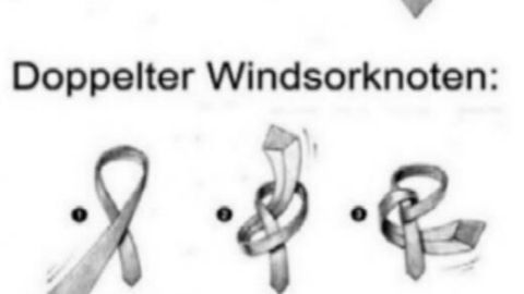 Krawatte: Einfache und doppelte Windknoten-Anleitungen mit 6 bzw. 8 Schritten. Wichtige Regel: Enden auf Hosenbundhöhe.