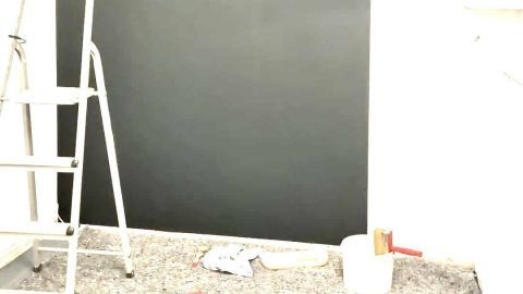 Eine Leiter steht neben einer frisch gestrichenen Wand in dunklem Farbton, während auf dem Boden Malerutensilien liegen.