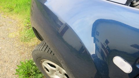 Mit einem Silikonentferner befreit man Autolack von Dreck! Ein blauer Autolack glänzt im Sonnenlicht, während er in einem Gartenbereich mit grünem Gras steht.