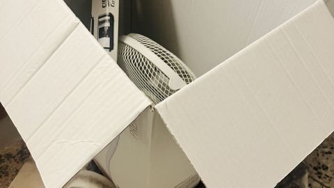 Ein Umzugskarton ist geöffnet und enthält einen Ventilator sowie einen Wasserkocher, umgeben von anderem Verpackungsmaterial.
