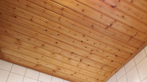 So fällt kein Nagel mehr runter und alles bleibt sauber. Auch keine Fehlschläge vom Hammer sind zu sehen. Viel Spaß bei der Arbeit. Holzdecke mit sichtbaren Nägeln in Deckenleisten, in einem Raum mit hellen Fliesen an den Wänden.