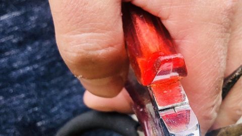 Vor dem Eindrehen in einen Spreizdübel, die Schraube mit etwas Fettigkeit einreiben. Ich stecke sie kurz in Margarine. Eine Hand hält eine Zange, die eine Schraube greift, während sie versucht, sie aus einem Spreizdübel herauszudrehen.
