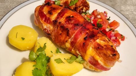 Zartes Hähnchenbrüstchen umhüllt von Frühstücksspeck, serviert mit Kartoffeln und frischem Gemüsesalat.