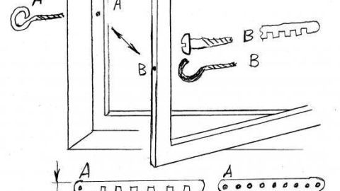 Ein Fensterflügel wird fixiert durch Haken A und B. Zeichnung zeigt Anordnung und Maße: \( L \approx 20 \div 25 \text{cm} \), \( \approx 2 \text{cm} \).