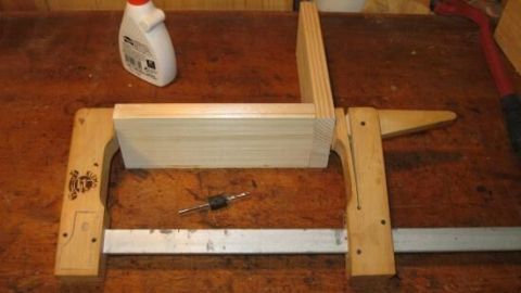 Holz wird verleimt und durch eine Klemme fixiert, mit Leimflasche im Hintergrund auf Werkbank liegend.