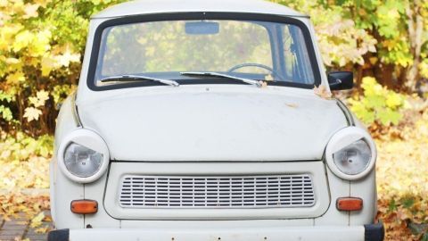 Ein alter weißer Trabant steht auf einem schmalen Weg, umgeben von bunten Herbstblättern, und wartet auf seinen Fahrer.