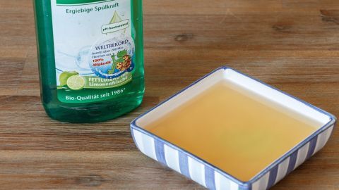 Eine flache Schale mit einer gelben Flüssigkeit steht neben einer Flasche Spülmittel auf einem Holztisch, ideal für eine natürliche Ameisenfalle.