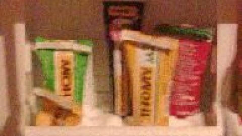 Im Kühlschrank stehen verschiedene Tuben wie Senf und Tomatenmark ordentlich angeordnet auf einem Fach.