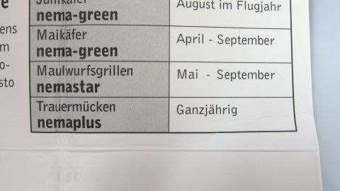 Eine Tabelle zeigt verschiedene Schädlinge, deren Bekämpfung und Saison, darunter Trauermücken ganzjährig.