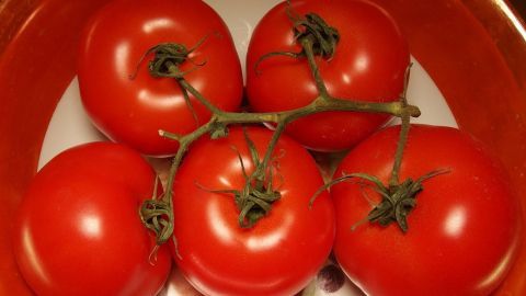 Fünf große, rote Tomaten liegen auf einem Teller und wirken frisch und saftig in einer hellen Küchenszene.