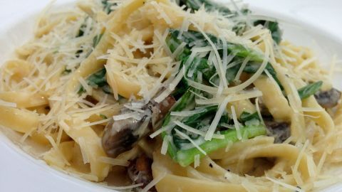 Cremige Linguine mit Spinat und Pilzen, garniert mit Parmesan, auf einem weißen Teller angerichtet.