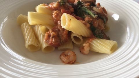 Pasta liegt auf einem Teller, garniert mit einer cremigen Soße aus Tomaten und Cashews sowie Shrimps.