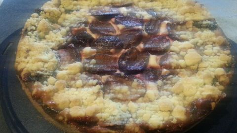 Ein Pflaumen-Käsekuchen befindet sich auf einem dunklen Teller, mit einer knusprigen Streuseloberfläche und saftigen Pflaumen.