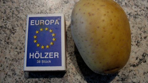 Eine Kartoffel liegt neben einer Streichholzschachtel, die als Maß für 100 Gramm dient, auf einer Arbeitsfläche.
