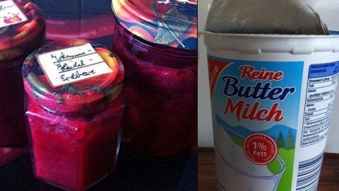 Buttermilch ist ein effektives Hausmittel gegen Obstflecken an den Händen. Im Artikel erfährst du, wie du dieses Naturprodukt nutzen kannst, um lästige Flecken einfach zu entfernen und deine Hände wieder sauber zu bekommen. Gläser mit roter Marmelade stehen links, während daneben eine Packung Buttermilch für die Entfernung von Obstflecken steht.