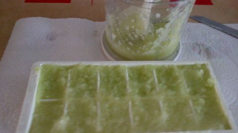 Eine gefrorene grüne Masse in einer Eiswürfelschale, während eine Mixer-Schüssel daneben das Pürieren von Gurken zeigt.