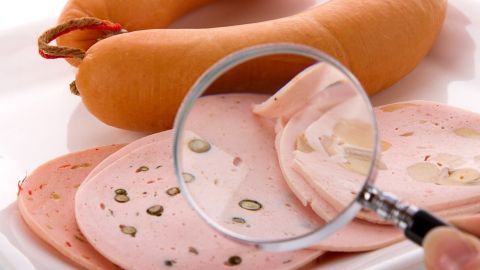 Auf einer Platte liegt eine Wurst und Aufschnitt, während eine Lupe darauf fokussiert, um mögliche Zusatzstoffe zu untersuchen.