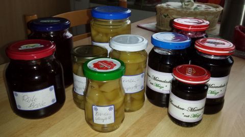 In bunten Gläsern auf einem Tisch sind verschiedene eingelegte Lebensmittel und Marmeladen ordentlich arrangiert.