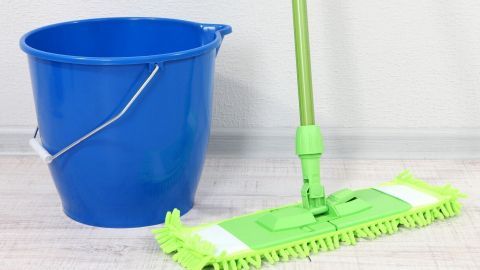 Ein grüner Wischer steht neben einem blauen Eimer auf einem hellen Boden, bereit zum Putzen großer Fenster.