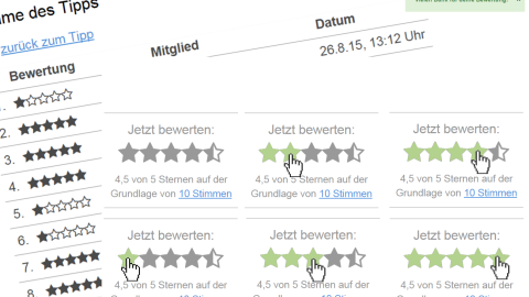 Eine Bewertungstabelle zeigt fünf Sterne mit unterschiedlichen Bewertungen und Optionen zum Bewerten in einem Online-Kontext.