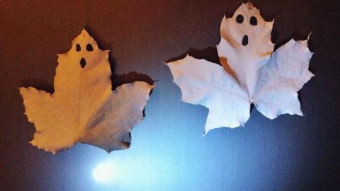 Zwei Blättergeister hängen im Dunkeln, beleuchtet von einem blauen Licht und geben eine gruselige Halloween-Stimmung ab.