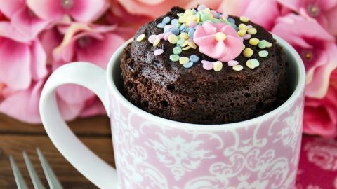 Ein Schokoladen-Tassenkuchen steht in einer Tasse, dekoriert mit bunten Streuseln, vor einem blühenden Hintergrund.