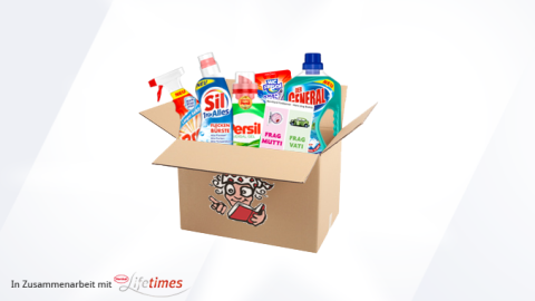 Ein offener Karton enthält diverse Reinigungsprodukte wie Sil, Persil und General. Text: "In Zusammenarbeit mit lifetimes".