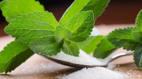 Ein Löffel mit weißem Pulver und frischen Stevia-Blättern liegt auf einem Holztisch.