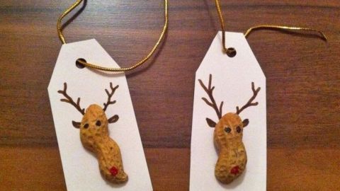 Bastelgeschenkanhänger zeigen zwei mit Haselnüssen verzierte Tags, die als weihnachtliche Dekoration auf einem Tisch liegen.
