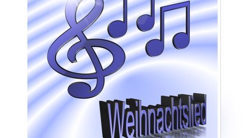 Ein Notenschlüssel und einige Musiknoten steigen vor einem blauen Hintergrund auf. Darunter steht "Weihnachtslied".